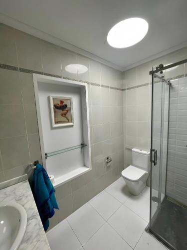 a bathroom with a toilet and a shower and a sink at Casa Guayo in Tías