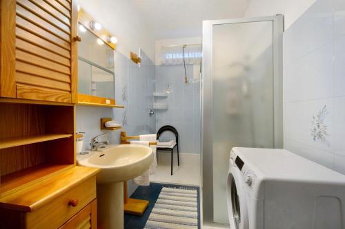 a bathroom with a sink and a washing machine in it at Maison Lorent in Champdepraz