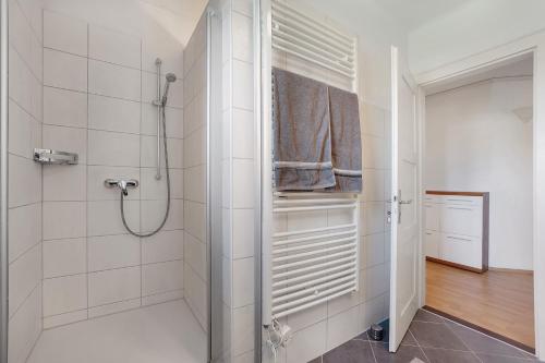 a bathroom with a shower and a walk in shower at Haus Zapf in Kressbronn am Bodensee