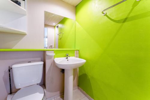 un bagno verde con WC e lavandino di Gîte Obofix a Vallabrix