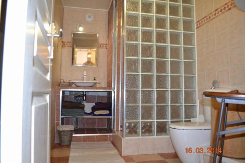 a bathroom with a sink and a toilet and a mirror at Rez-de-villa Taglio-Isolaccio in Taglio-Isolaccio