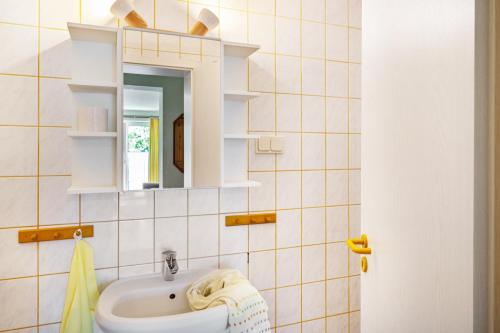 a bathroom with a sink and a mirror at Möve Aba Appartment 11 in Rerik