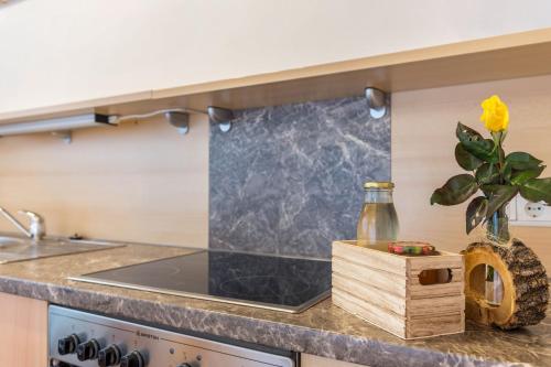 a kitchen with a counter top with a sink at Funtnatsch Apartment Langkofel in Laion