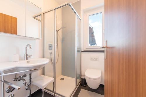 a bathroom with a shower and a sink and a toilet at Mountain View Corones in Reischach