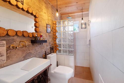 a bathroom with a toilet and a sink and a window at Quinta do Mestre - Casa do Campo in Tavira