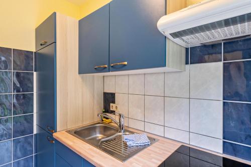 a kitchen with blue cabinets and a sink at Krüseliner Mühle - Ferienwohnungen in Krüselin
