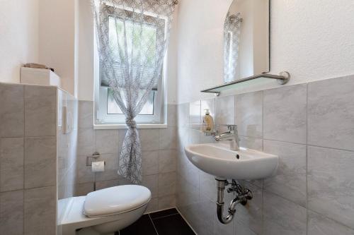 a bathroom with a sink and a toilet and a window at Ferienhaus Waldfee in Reutin