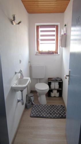 a bathroom with a toilet and a sink and a window at Ferienwohnung Schopper in Halblech