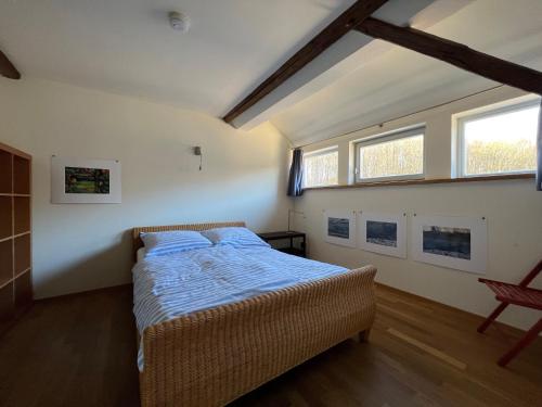 a bedroom with a bed and two windows at Vorwerk Biensdorf in Lichtenau