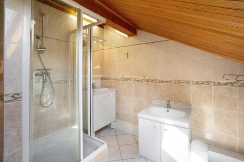 a bathroom with a shower and a toilet and a sink at La Grange Villard in Albiez-Montrond
