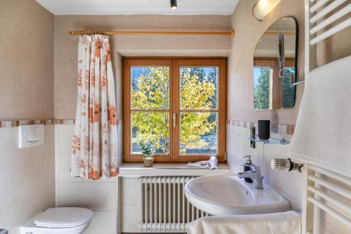 a bathroom with a sink and a toilet and a window at Ferienwohnungen am Hofgarten in Krün