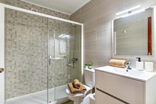a bathroom with a shower and a toilet and a sink at Barlovento Apartment in Playa Honda