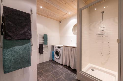 a bathroom with a shower and a washing machine at Joli Appartement Sur Le Bois in Aigueblanche