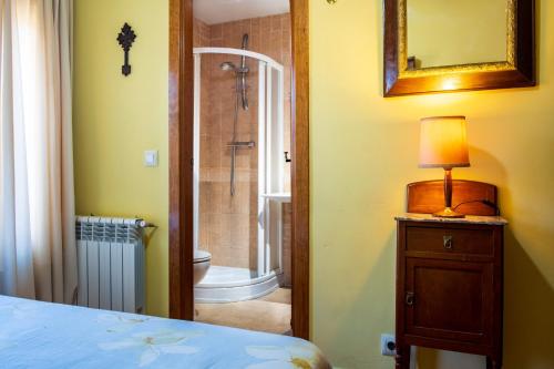a bedroom with a shower and a bed with a lamp at Casa Rural El Barranco in Mombeltrán