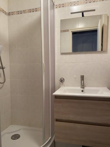 a bathroom with a shower and a sink and a mirror at Résidence l'olympia in Montgenèvre