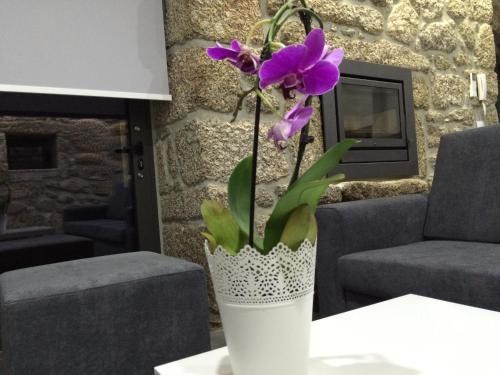 a purple flower in a white vase on a table at Casa do Sobreira in Vieira do Minho