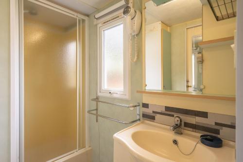 a bathroom with a sink and a shower and a mirror at Mobilhome Mh 212 in La Tremblade