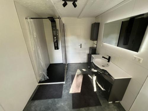 a bathroom with a sink and a shower at Ferienwohnung Karbachtal in Wangen im Allgäu