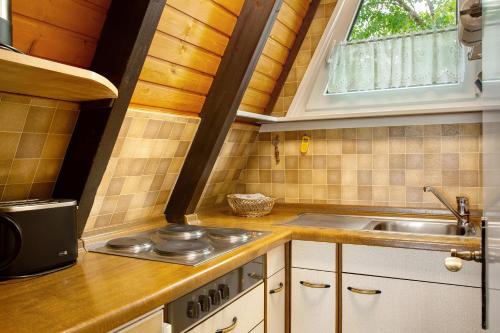 a small kitchen with a stove and a sink at Villa Königsdorf am See in Waldkirchen