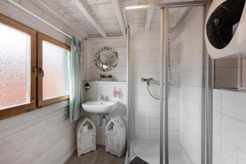 a bathroom with a shower and a sink at Haus Seebrise - Marina Mücheln in Mücheln