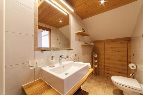 a bathroom with a white sink and a toilet at Mühlanderhof Apt Klopairspitze in Resia