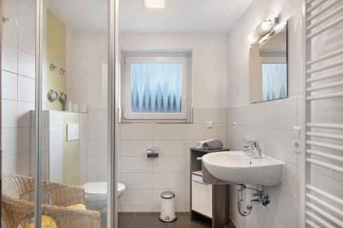 a bathroom with a sink and a toilet and a window at Haus Intlekofer in Lenzkirch