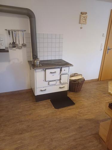 a kitchen with a stove in a room at Ferienhaus Lemberger in Jochberg
