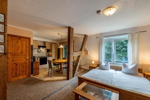 a bedroom with a large bed and a kitchen at Krüseliner Mühle - Ferienwohnungen in Krüselin
