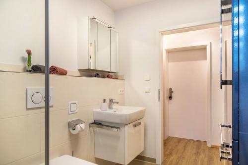 a white bathroom with a sink and a mirror at Bauzinger Alm in Hauzenberg