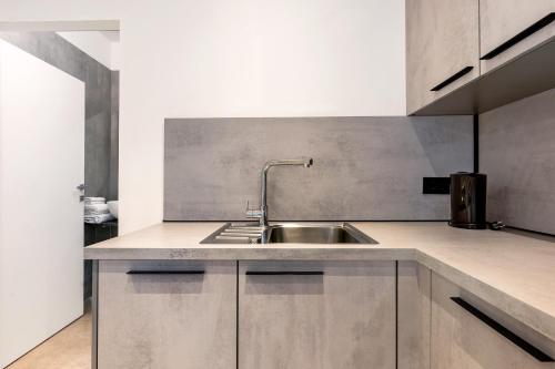 a kitchen with stainless steel cabinets and a sink at App 103 Palazzo Cavour in Bolzano