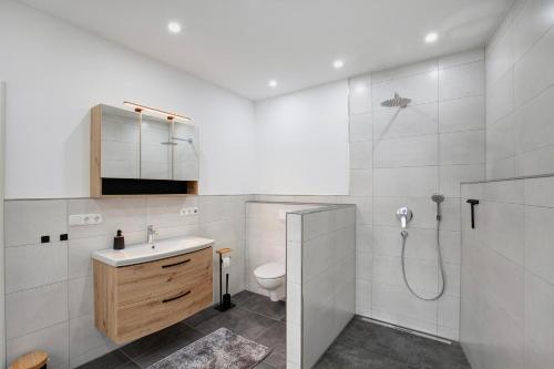 a bathroom with a toilet and a sink and a shower at Ferienwohnung Rheinschlendern in Rüdesheim am Rhein