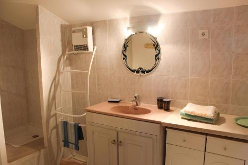 a bathroom with a sink and a mirror and a shower at Gîte Marion in Allemagne-en-Provence