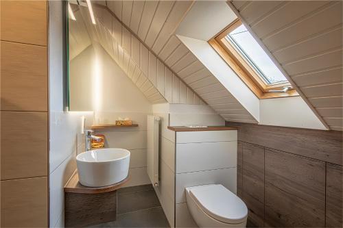an attic bathroom with a toilet and a skylight at Kornbauernhof in Oberharmersbach