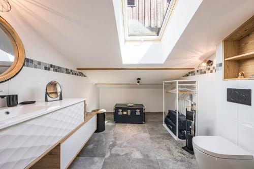 a bathroom with a skylight and a toilet at La scierie de la grande ourse in Albiez-Montrond