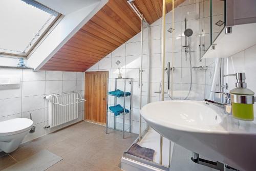 a bathroom with a sink and a toilet at Ferienwohnung Tannhausen in Aulendorf