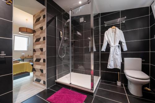 a bathroom with a shower and a toilet and a sink at Côté Vannes in Ploeren
