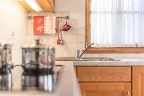 a kitchen counter with a sink and a window at App Lisüra Boè in Corvara in Badia