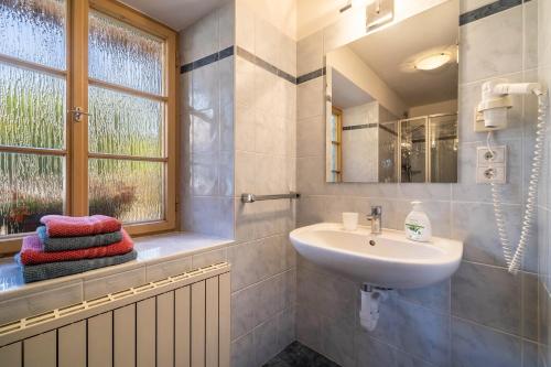 a bathroom with a sink and a mirror and a window at Ferienwohnung Brunjaunhof in Schenna