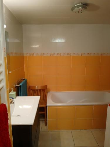 a bathroom with a bath tub and a sink at Ancienne petite ferme in Châtelblanc