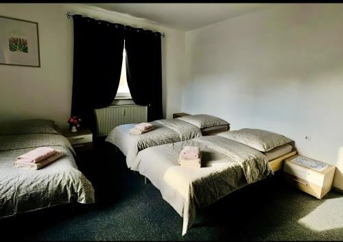 a bedroom with three beds with pink towels on them at Ferienwohnungen in Lohr in Lohr am Main