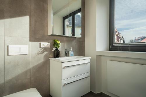 a bathroom with a sink and a window at 1 Zimmer-appartment Nr 12 in Wangen im Allgäu
