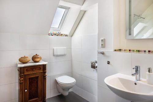a bathroom with a sink toilet and a window at Forsthof Schulte in Pronstorf