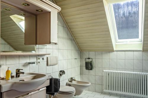 a bathroom with a sink and a toilet and a window at Ferienwohnung Maria in Liggersdorf