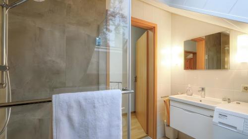 a bathroom with a shower and a white towel at Waldfee - Stilvolles Ferienhaus in Kemmerode