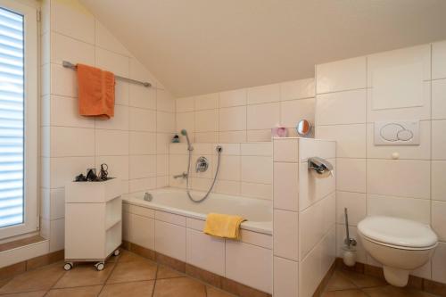 a white bathroom with a shower and a toilet at Haus Sonnenseite Wohnung Pfänder in Wasserburg