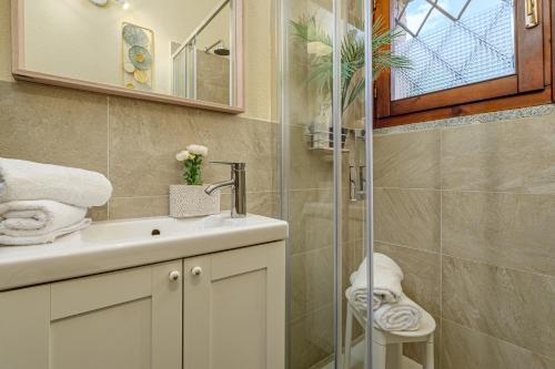 a bathroom with a sink and a shower at Villa Caterina in Punta Molara