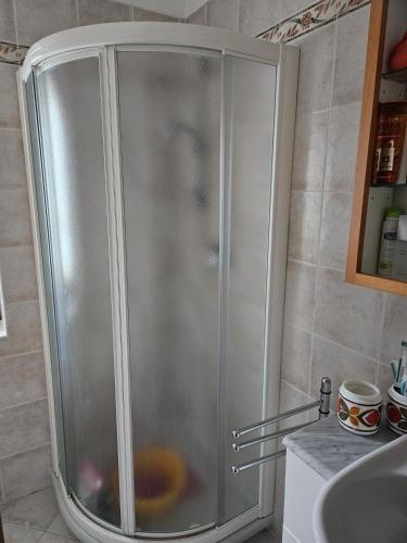 a shower in a bathroom next to a sink at Trilocale a Santa Maria Maggiore in Santa Maria Maggiore