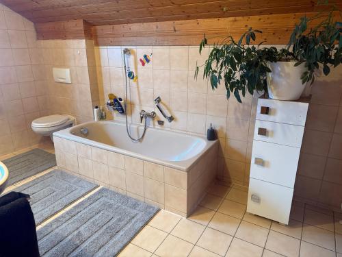 a bathroom with a bath tub and a toilet at Ferienwohnung Dorfidyll in Jesenwang