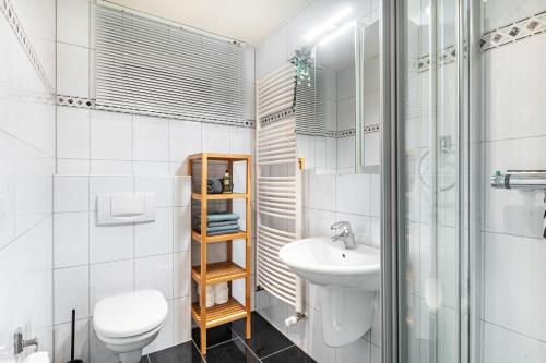a bathroom with a sink and a toilet and a shower at Ferienwohnung Kraus in Katzenbach
