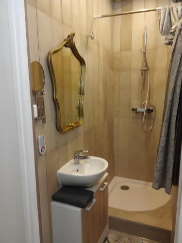a bathroom with a sink and a shower with a mirror at Le Royal in Bayeux